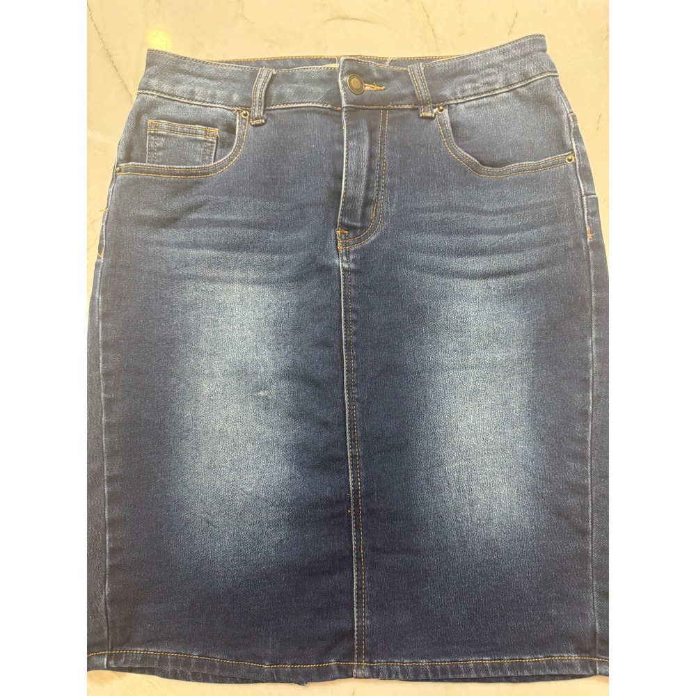 Angel Kiss Los Angeles Dark Wash‎ Denim Pencil Skirt Size M Whiskered Stretch - Picture 2 of 10